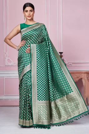 92A258 Dark Green Banarasi Saree With Overall Zari Buta