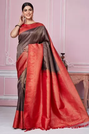 92A259 Brown Banarasi Saree With Red Zari Border