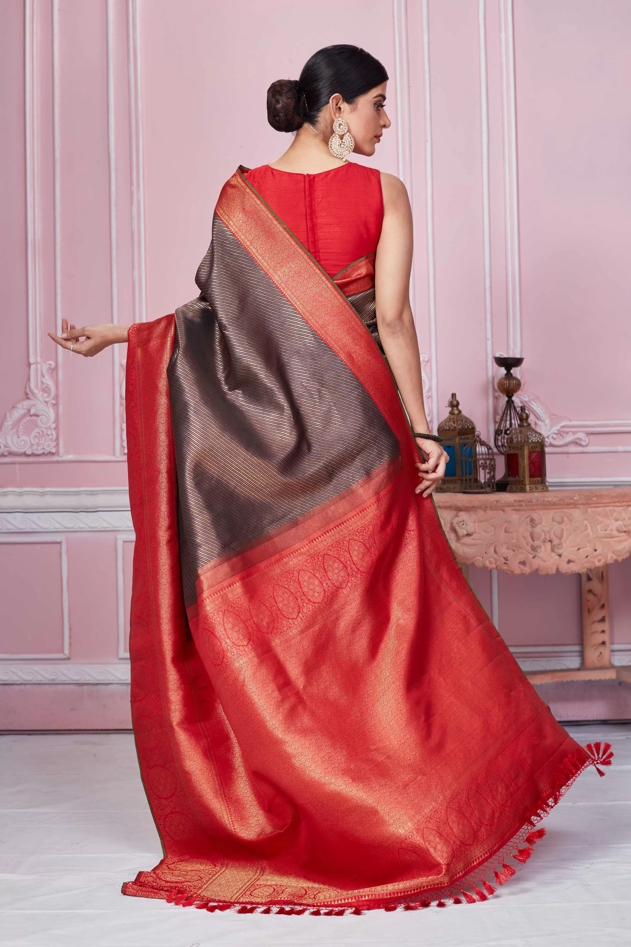 92A259 Brown Banarasi Saree With Red Zari Border