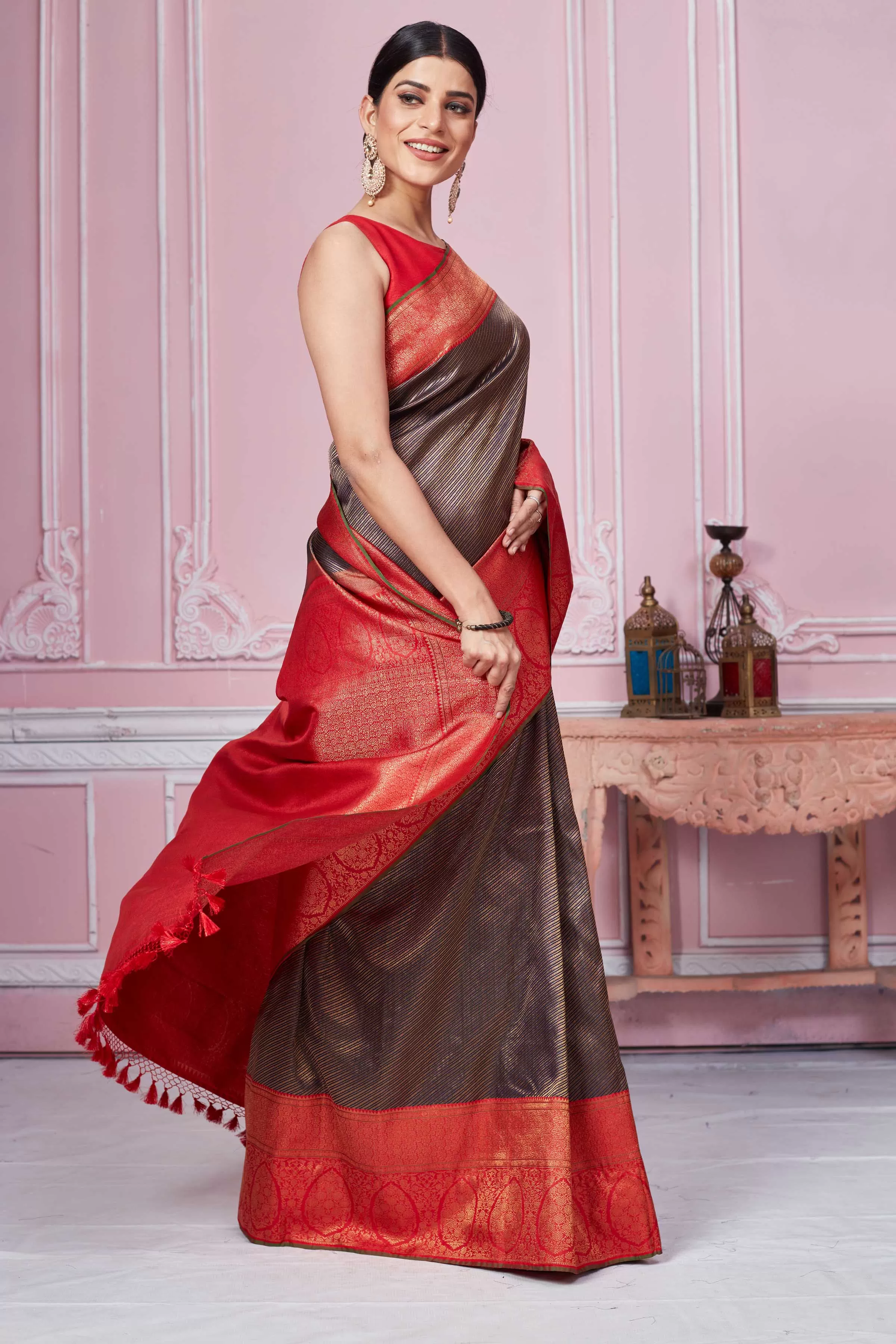 92A259 Brown Banarasi Saree With Red Zari Border