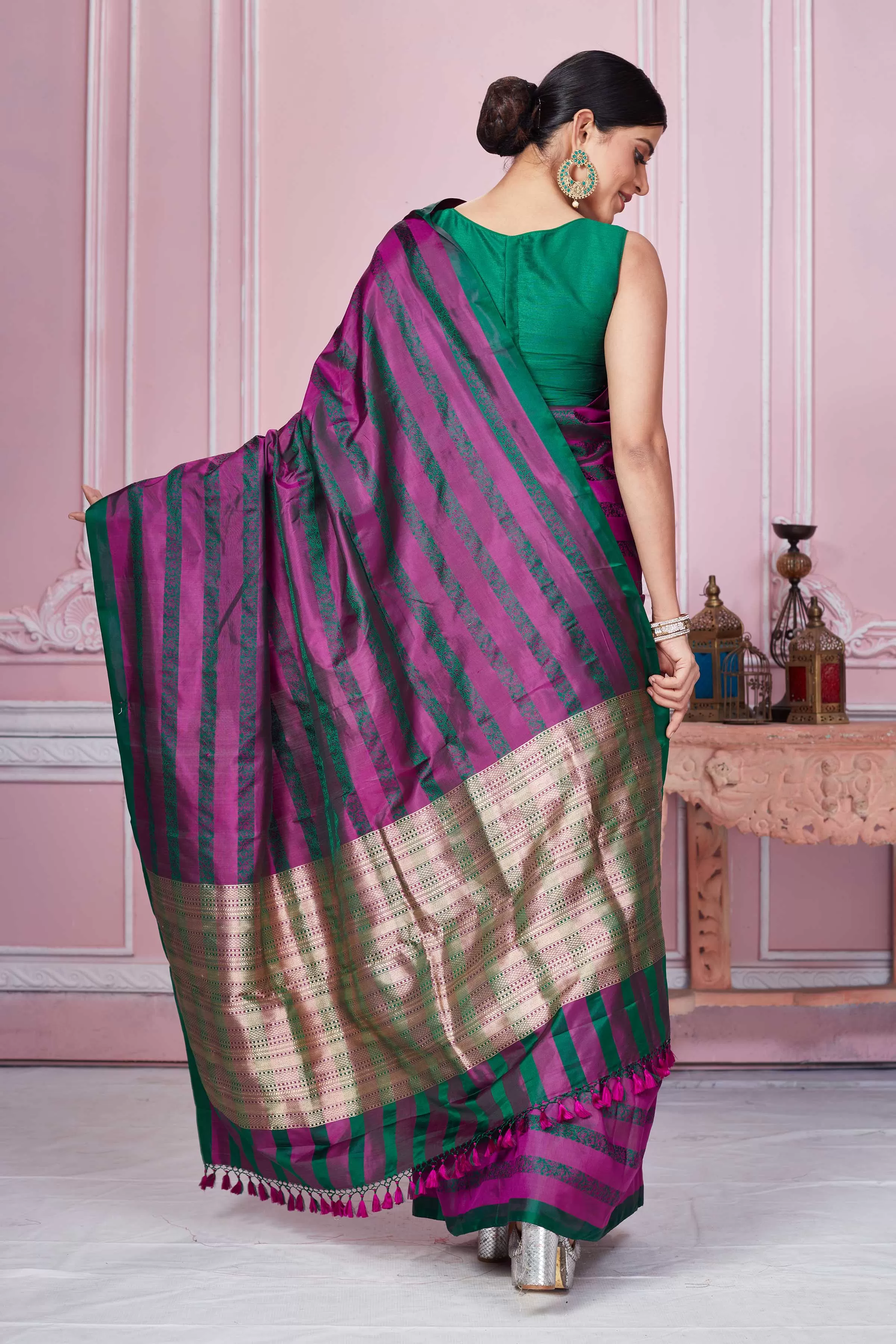 92A265 Purple Green Banarasi Saree With Zari Pallu