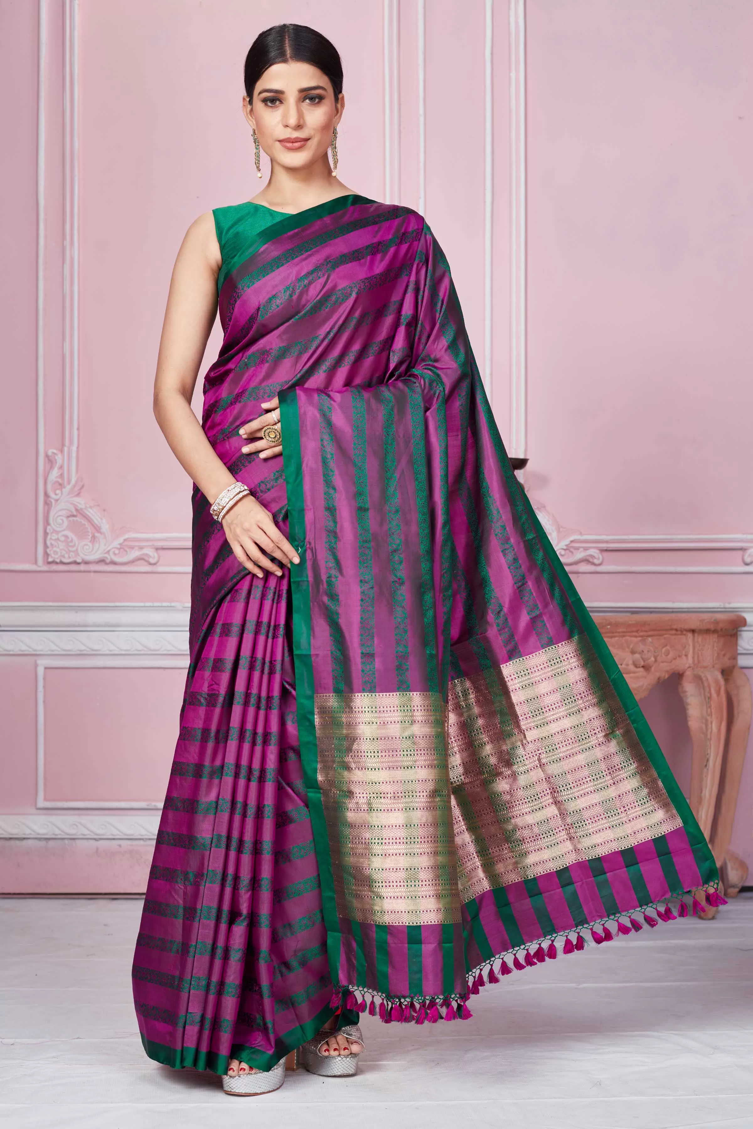 92A265 Purple Green Banarasi Saree With Zari Pallu