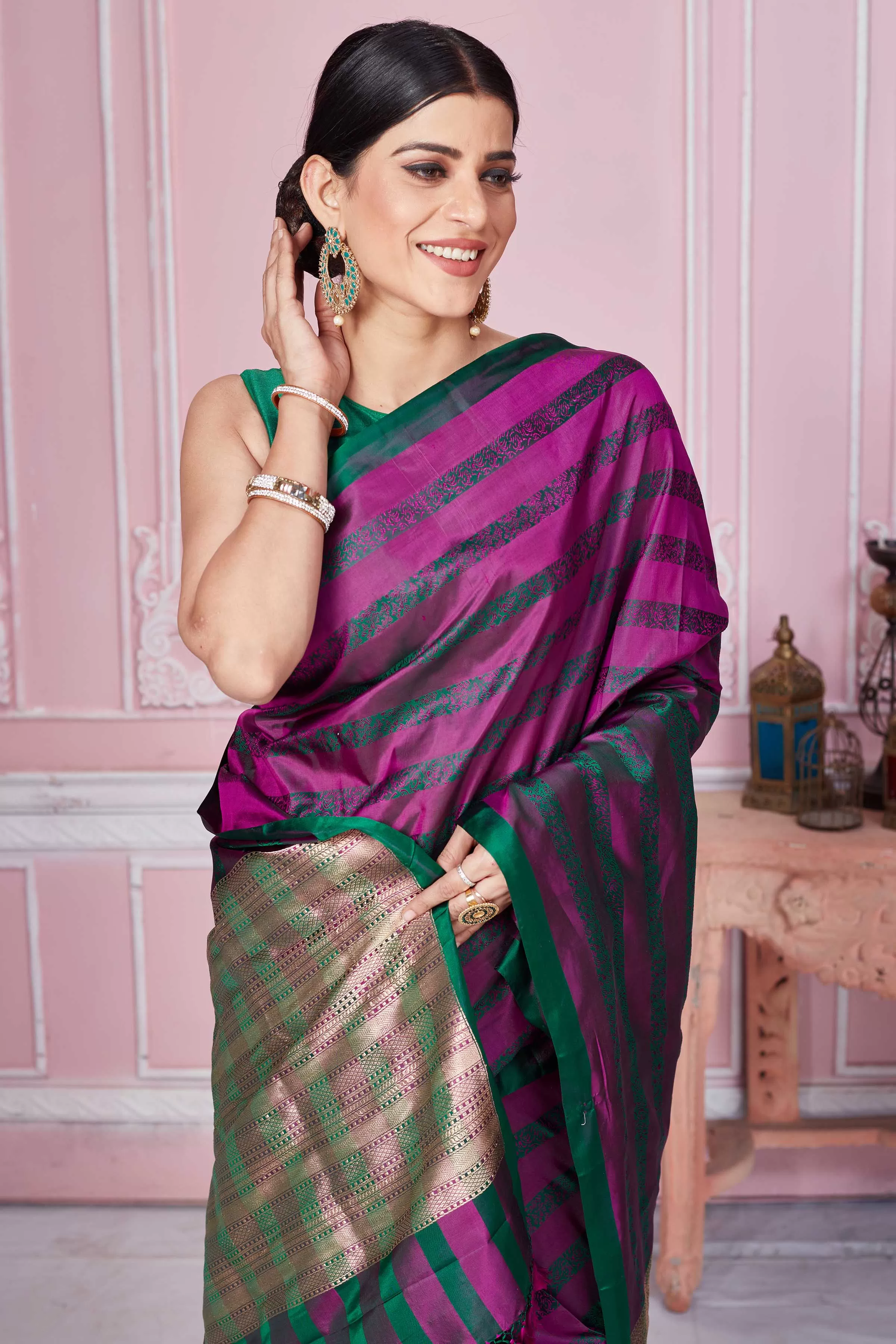 92A265 Purple Green Banarasi Saree With Zari Pallu