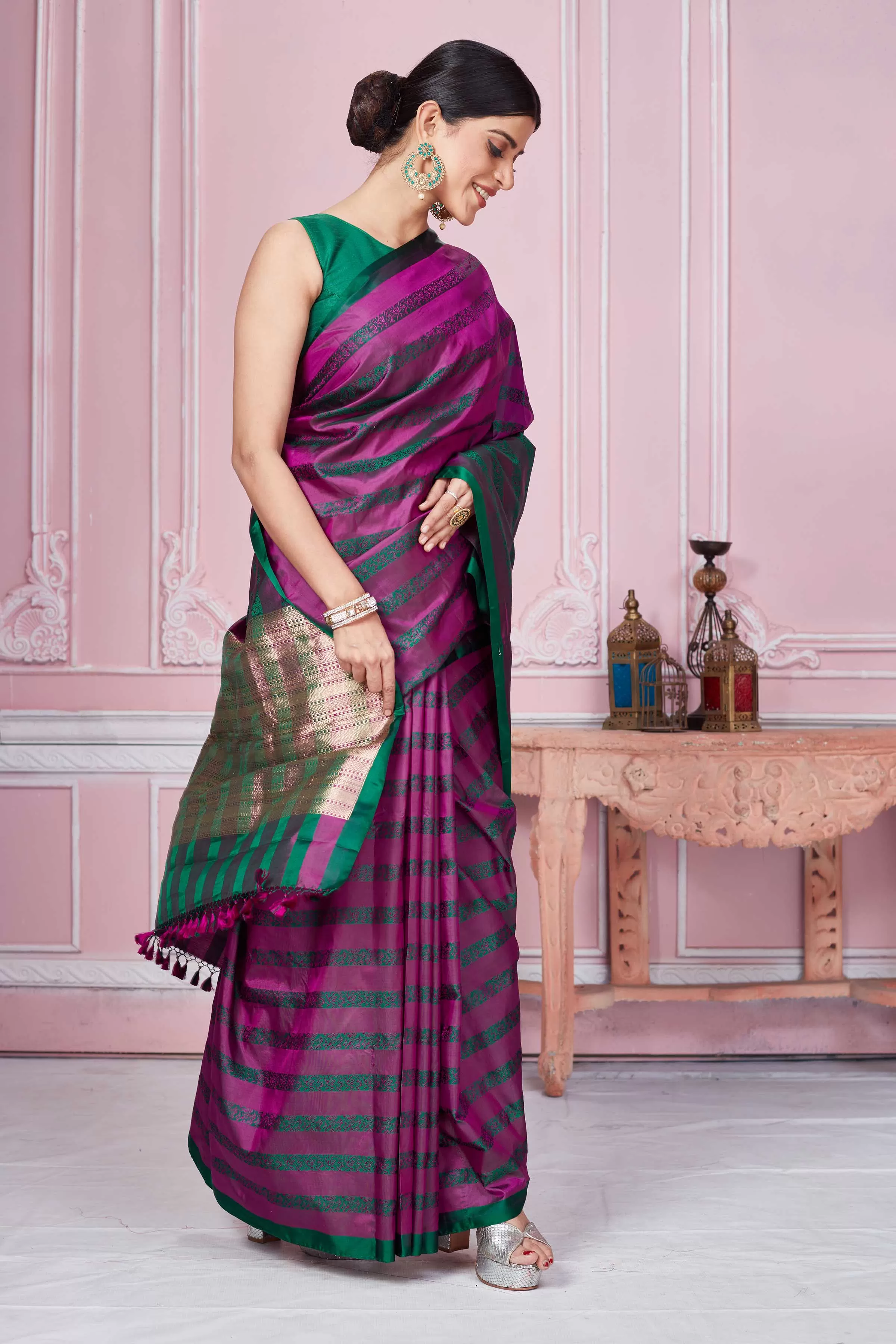 92A265 Purple Green Banarasi Saree With Zari Pallu