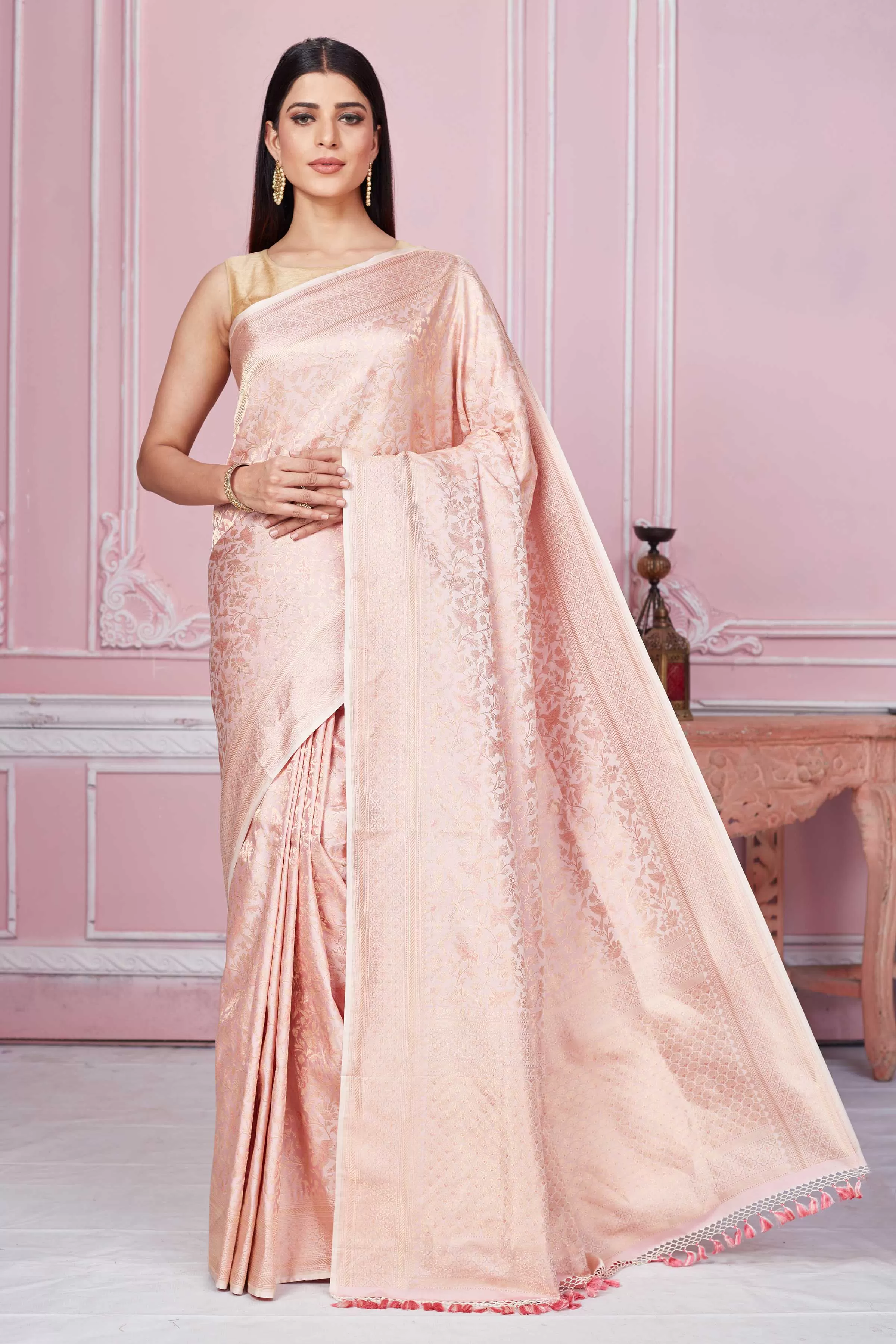 92A266 Powder Pink Banarasi Saree With Overall Zari Jaal