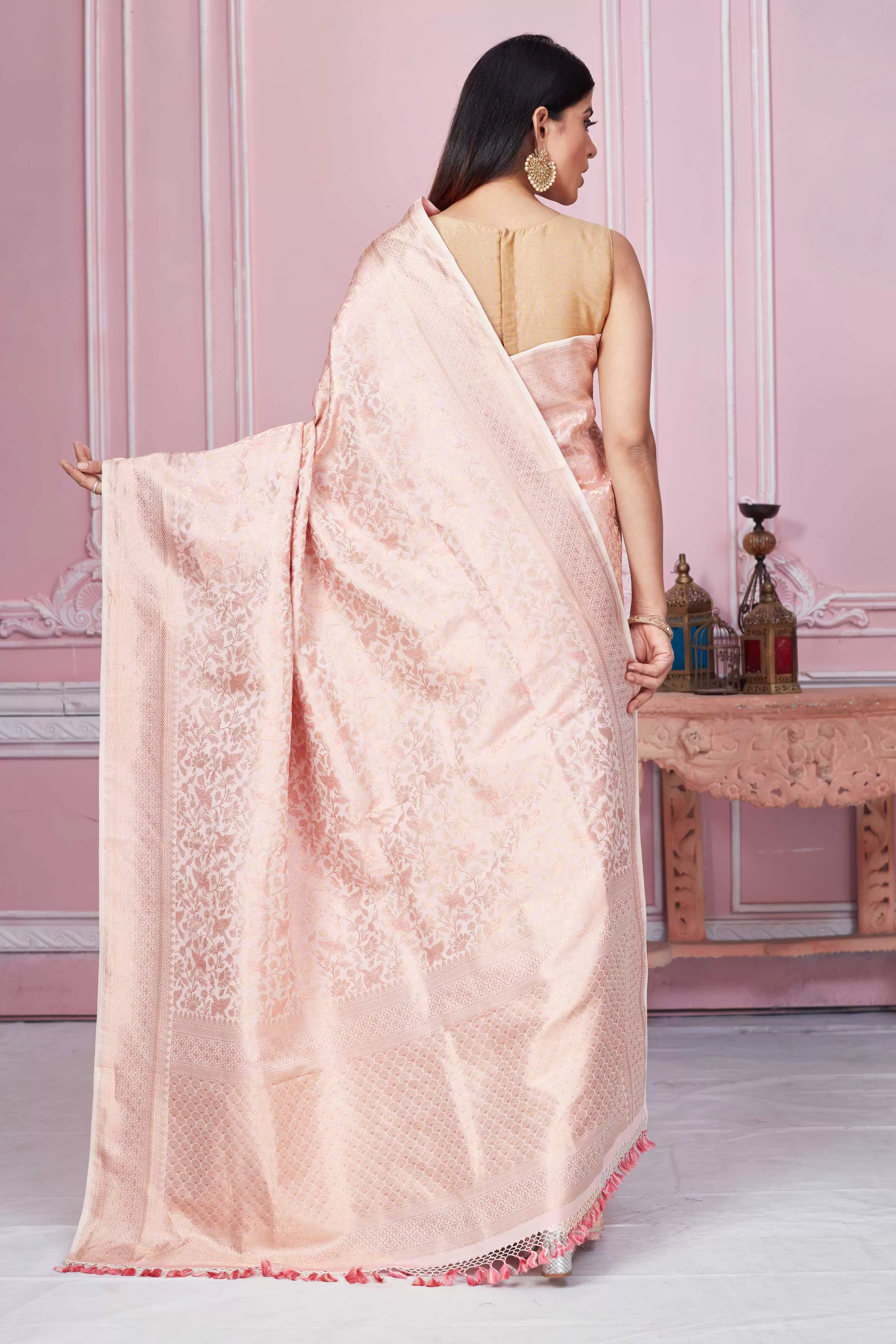 92A266 Powder Pink Banarasi Saree With Overall Zari Jaal