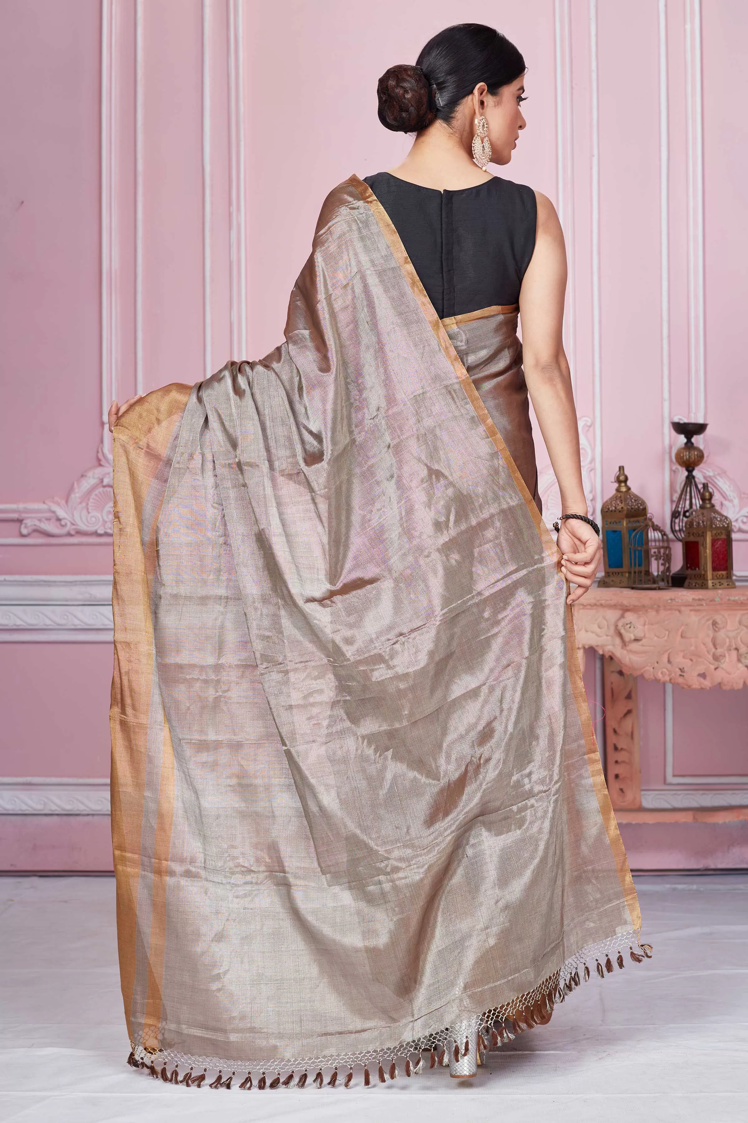 92A268 Metallic Grey Tissue Banarasi Saree With Golden Border