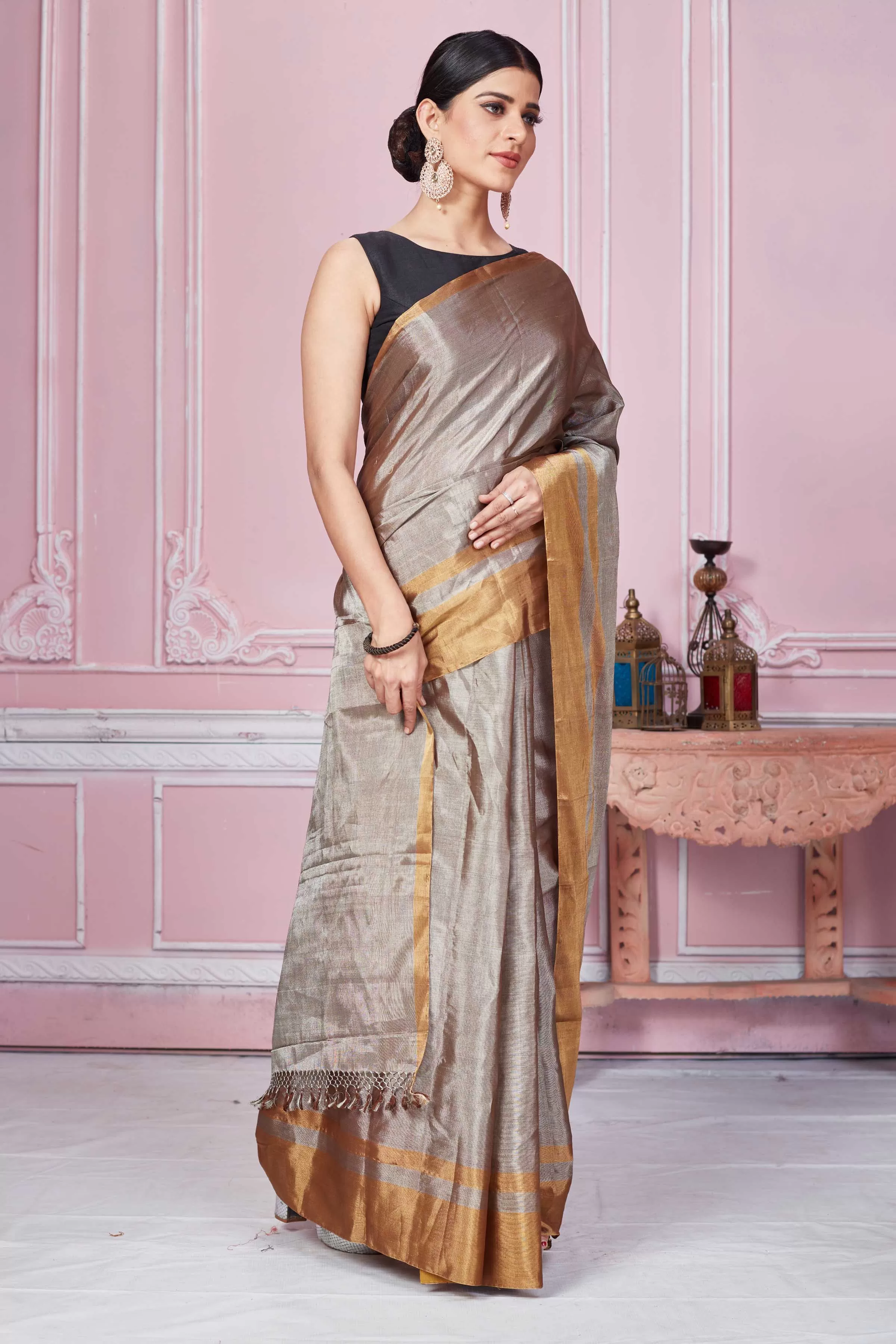 92A268 Metallic Grey Tissue Banarasi Saree With Golden Border