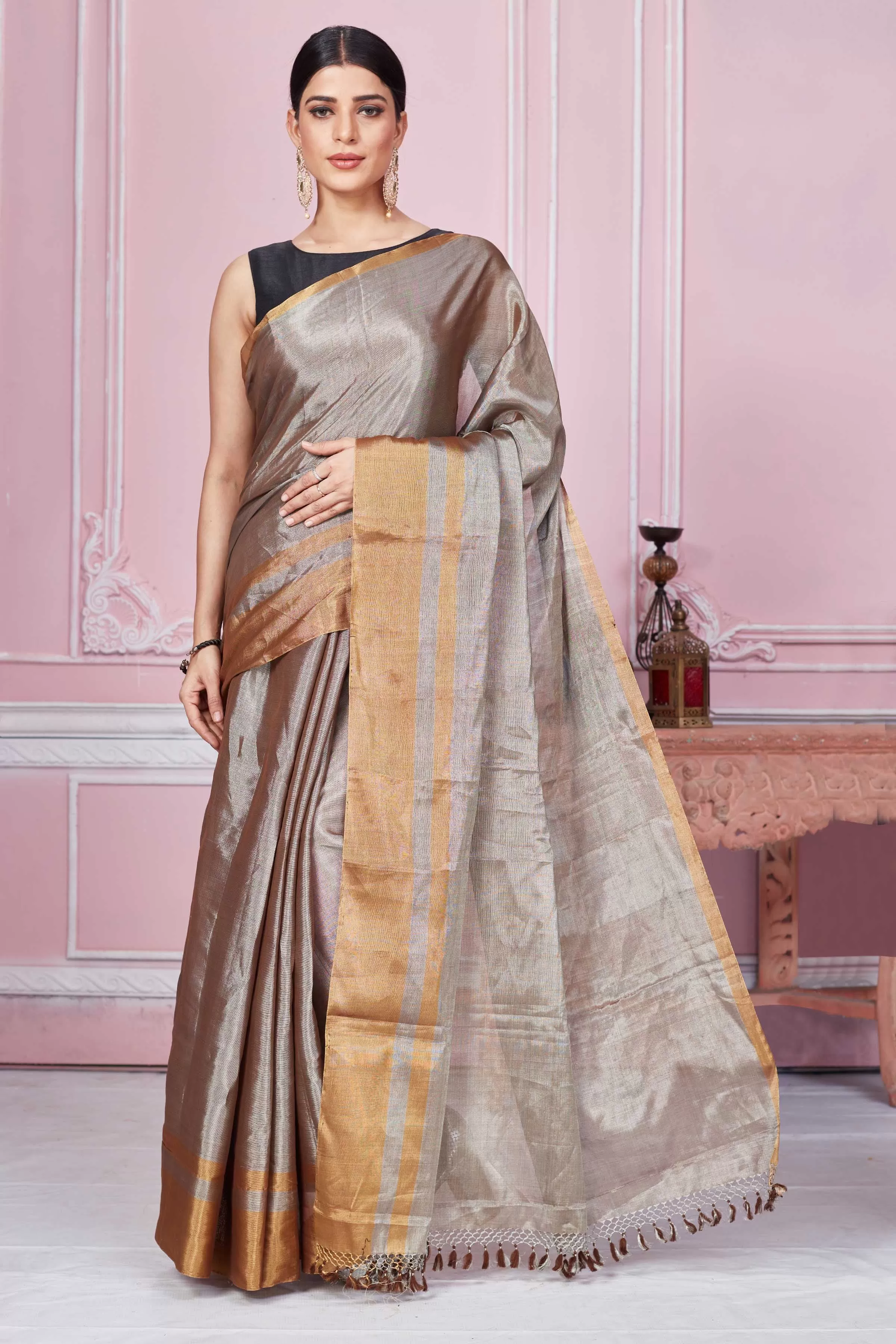 92A268 Metallic Grey Tissue Banarasi Saree With Golden Border