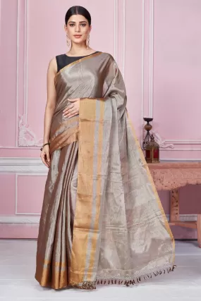 92A268 Metallic Grey Tissue Banarasi Saree With Golden Border