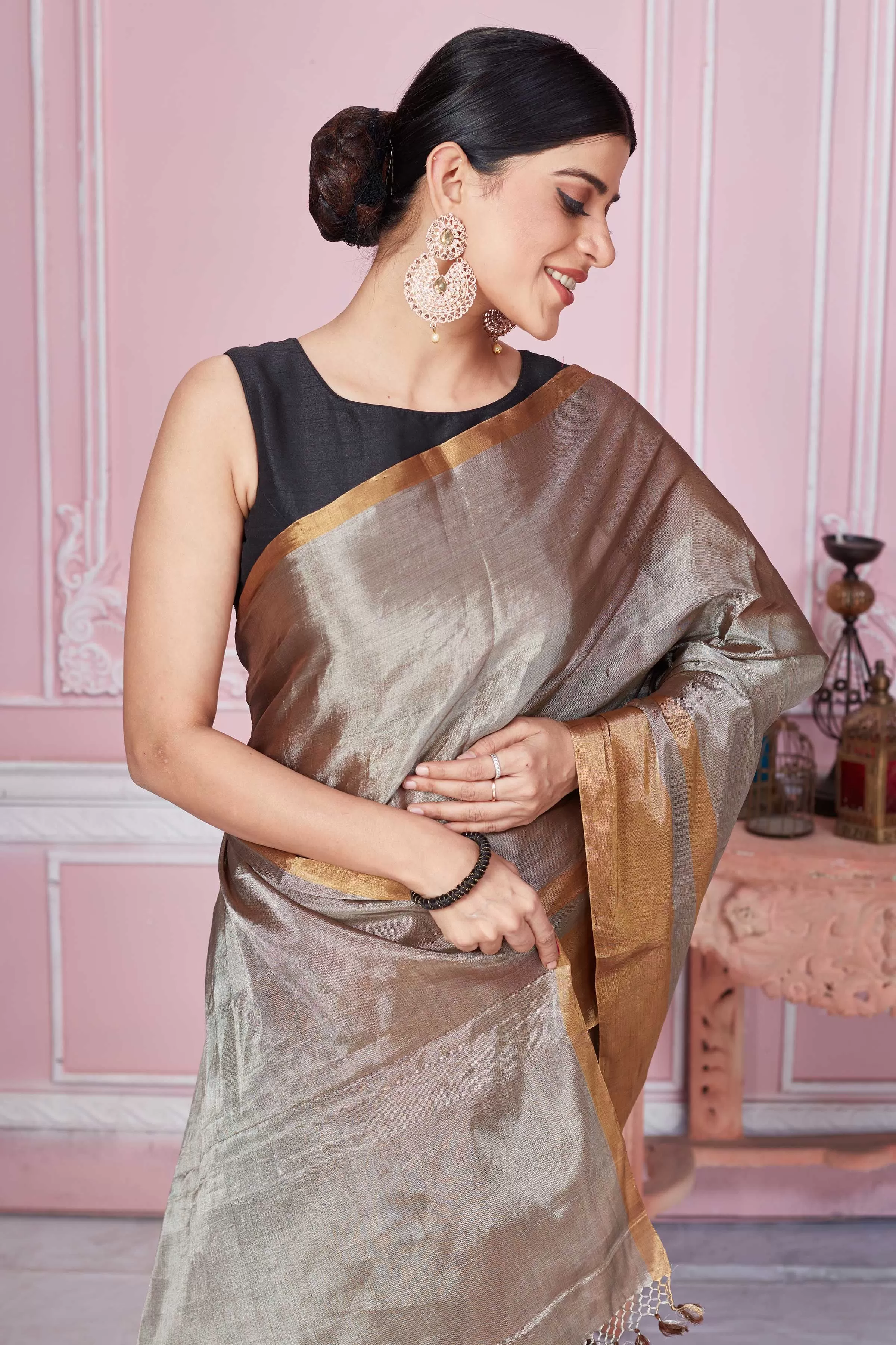 92A268 Metallic Grey Tissue Banarasi Saree With Golden Border