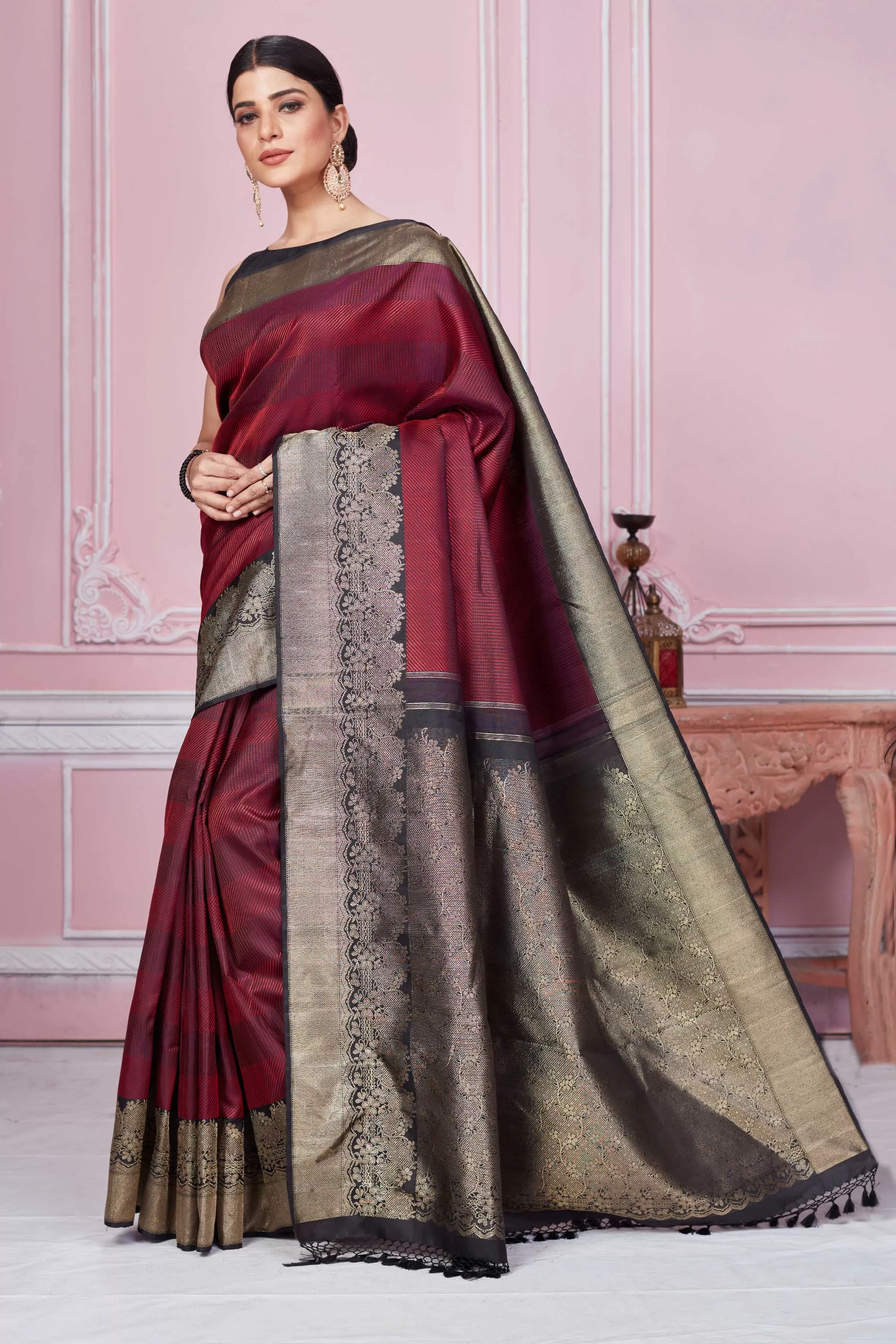 92A271 Wine Banarasi Saree With Antique Zari Border