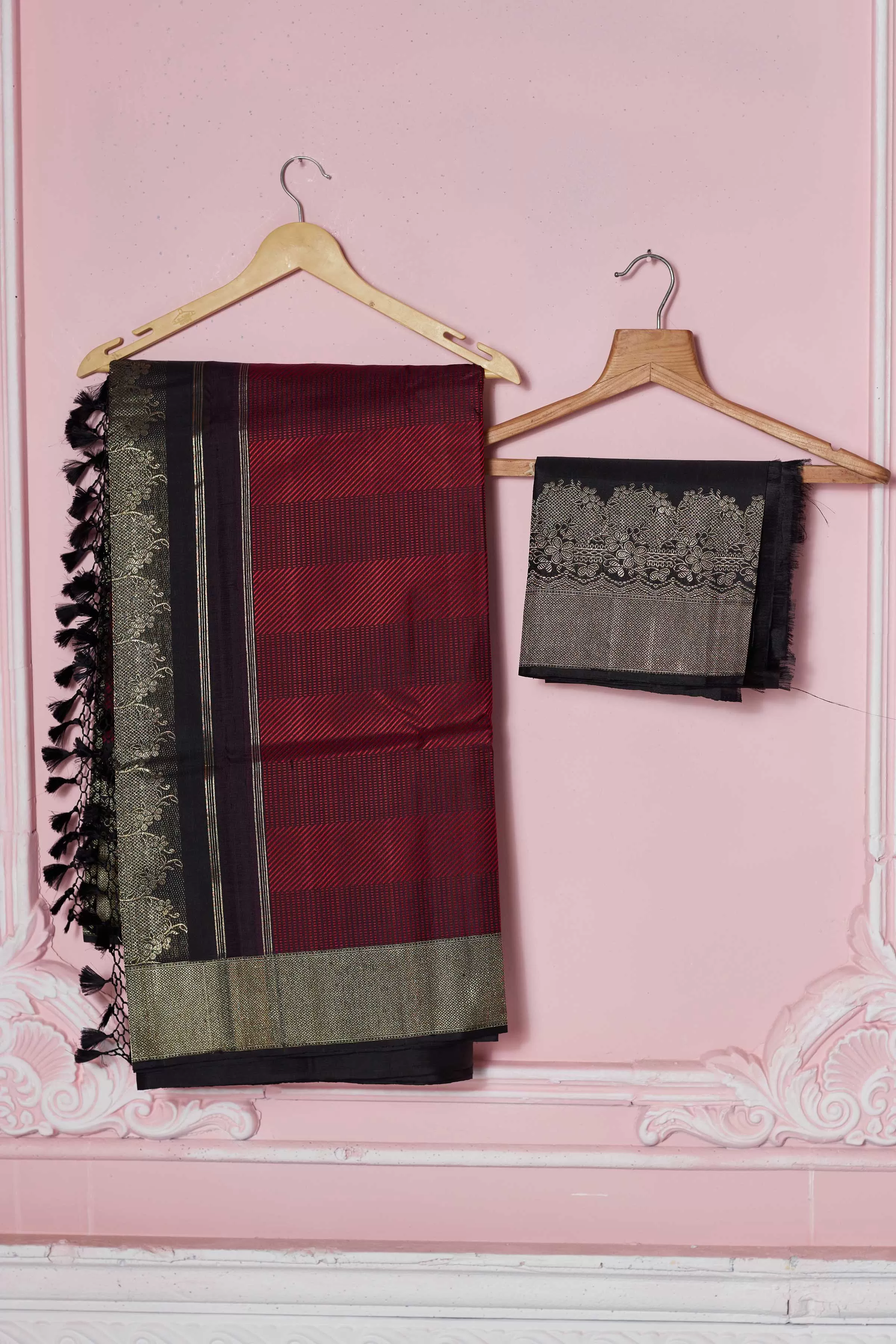 92A271 Wine Banarasi Saree With Antique Zari Border