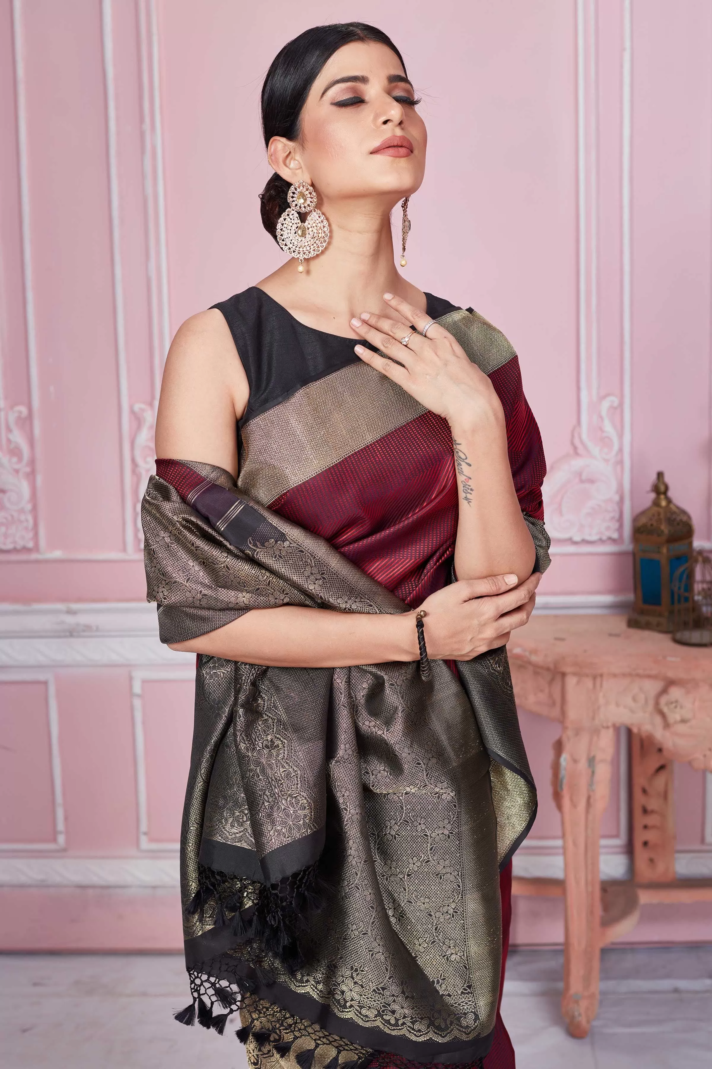 92A271 Wine Banarasi Saree With Antique Zari Border