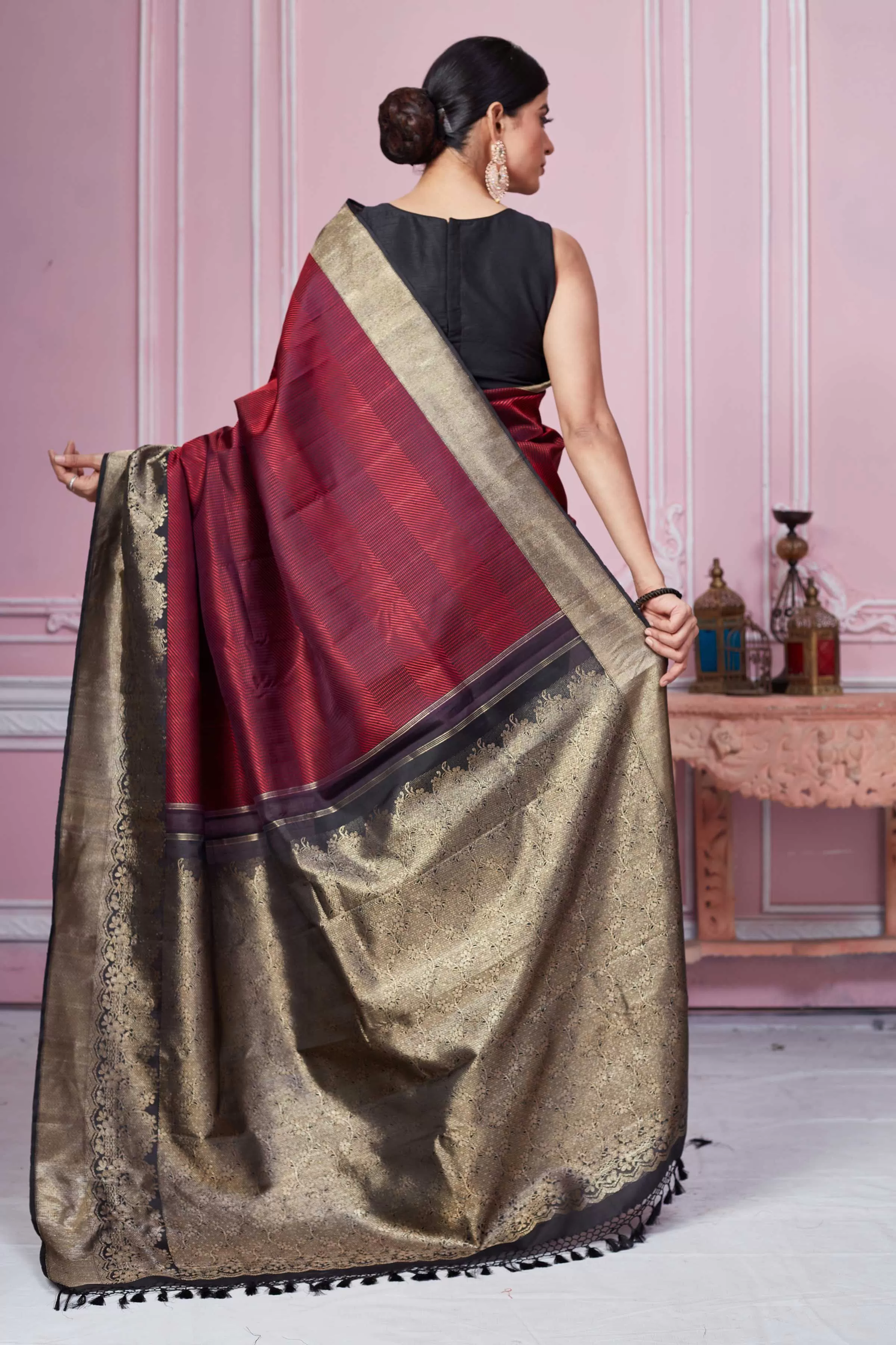 92A271 Wine Banarasi Saree With Antique Zari Border