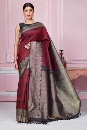 92A271 Wine Banarasi Saree With Antique Zari Border