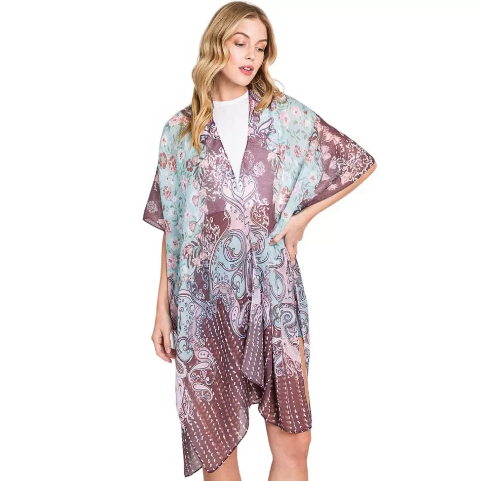 Abstract Paisley Flower Print Kimono Poncho