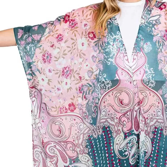 Abstract Paisley Flower Print Kimono Poncho