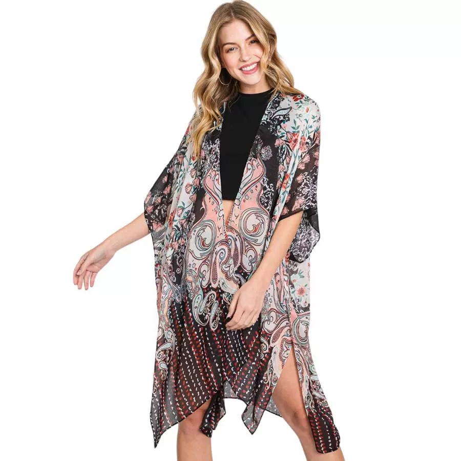 Abstract Paisley Flower Print Kimono Poncho