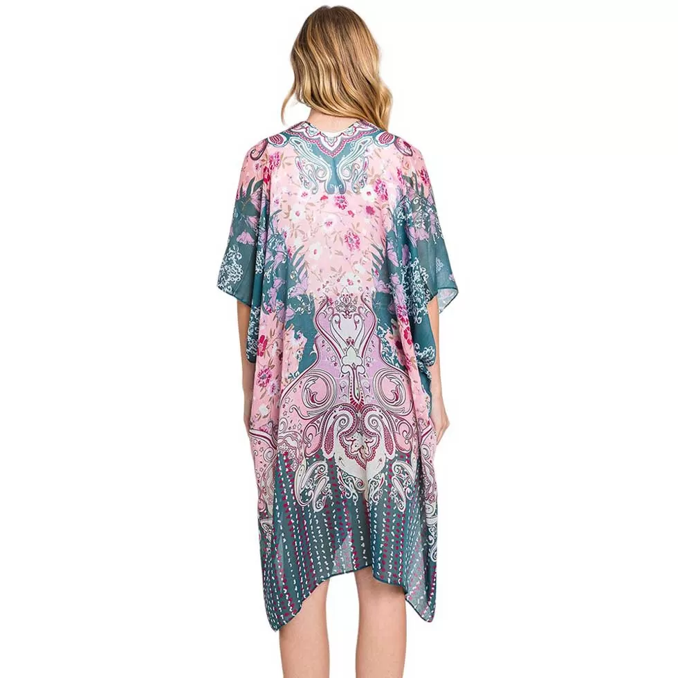 Abstract Paisley Flower Print Kimono Poncho