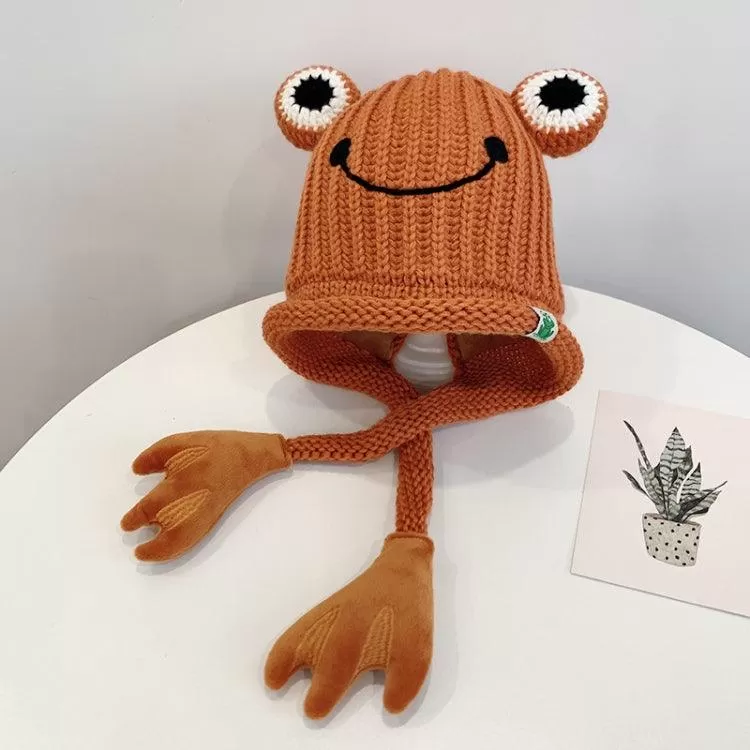 Adorable Knitted Frog Hat for Kids - Warm Woolen Bomber Beanie