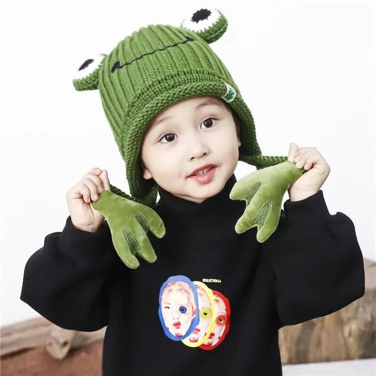 Adorable Knitted Frog Hat for Kids - Warm Woolen Bomber Beanie