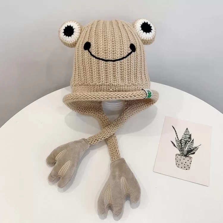 Adorable Knitted Frog Hat for Kids - Warm Woolen Bomber Beanie