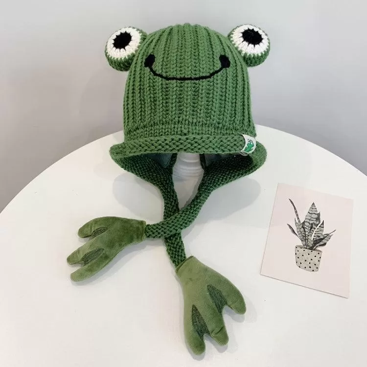 Adorable Knitted Frog Hat for Kids - Warm Woolen Bomber Beanie