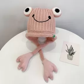 Adorable Knitted Frog Hat for Kids - Warm Woolen Bomber Beanie