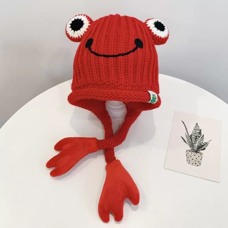 Adorable Knitted Frog Hat for Kids - Warm Woolen Bomber Beanie