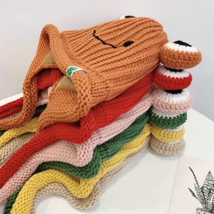 Adorable Knitted Frog Hat for Kids - Warm Woolen Bomber Beanie