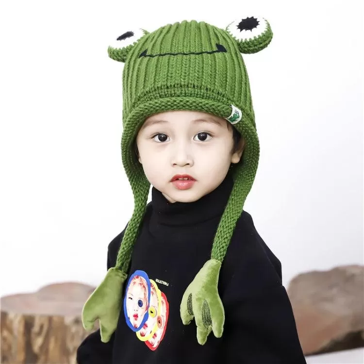 Adorable Knitted Frog Hat for Kids - Warm Woolen Bomber Beanie