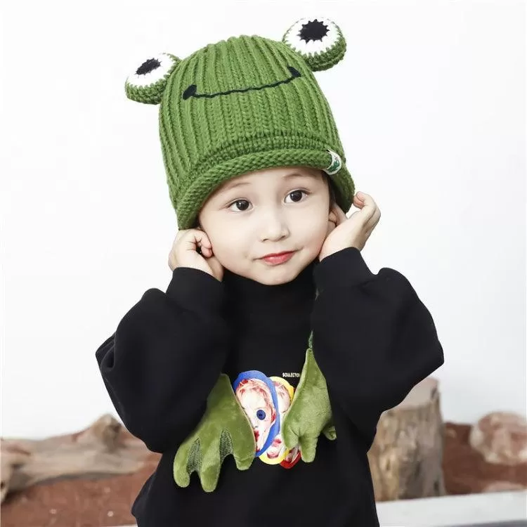 Adorable Knitted Frog Hat for Kids - Warm Woolen Bomber Beanie