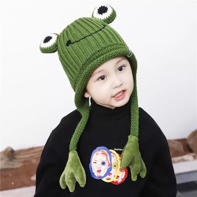 Adorable Knitted Frog Hat for Kids - Warm Woolen Bomber Beanie