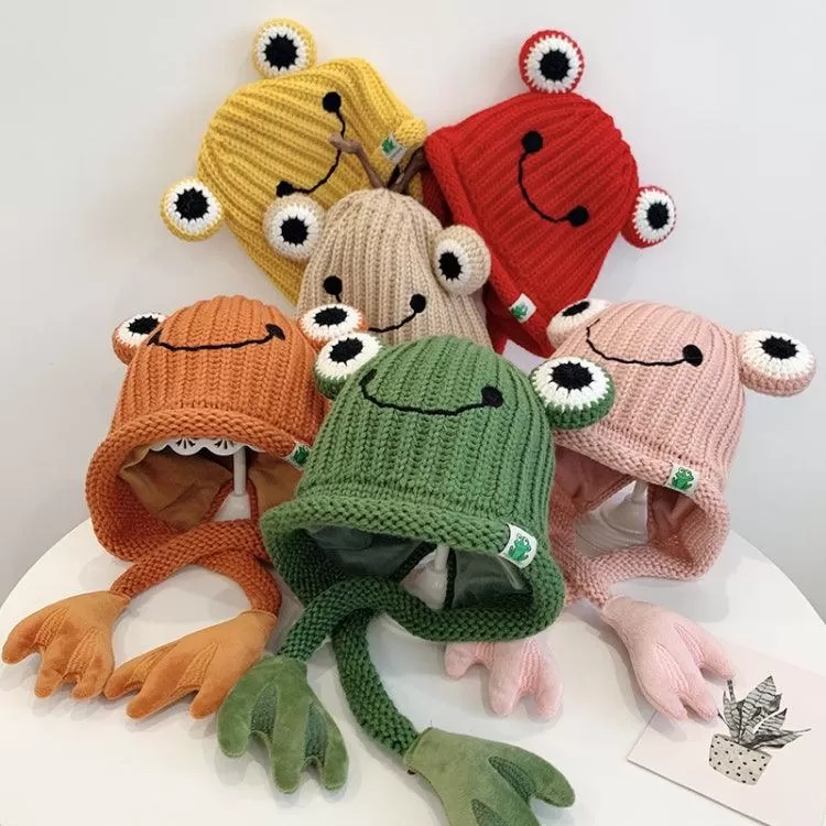 Adorable Knitted Frog Hat for Kids - Warm Woolen Bomber Beanie