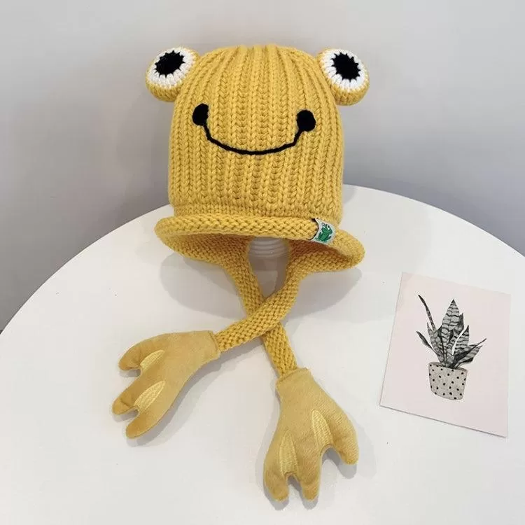 Adorable Knitted Frog Hat for Kids - Warm Woolen Bomber Beanie