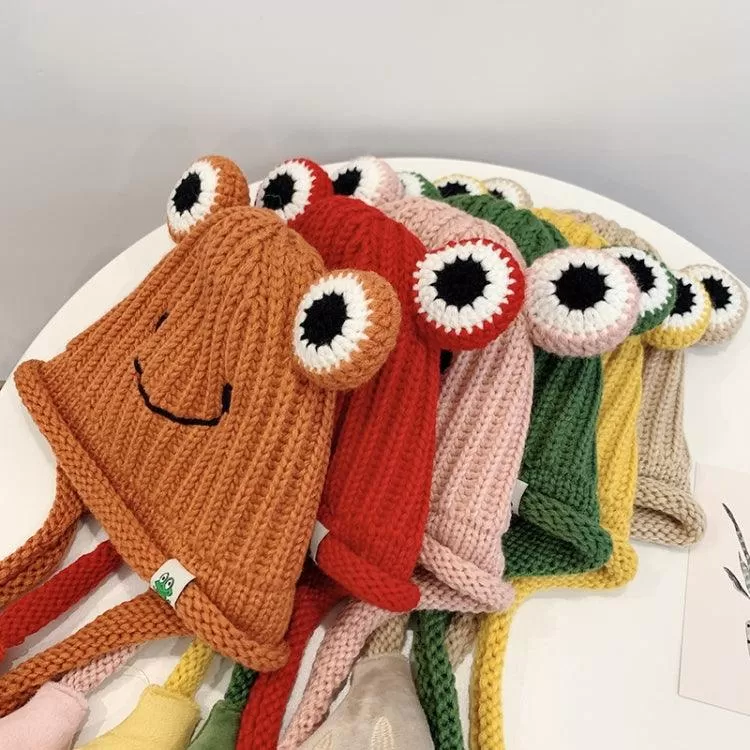 Adorable Knitted Frog Hat for Kids - Warm Woolen Bomber Beanie