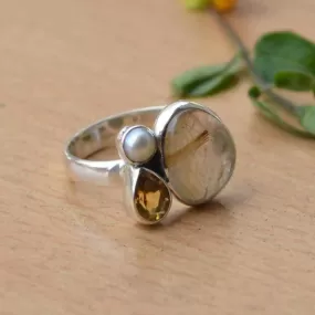 African Golden Yellow Rutile Quartz Ring, Citrine, South Sea Pearl Solid 925 Sterling Silver Ring, November Birthstone Ring, Gift Jewelry