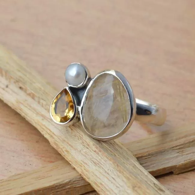 African Golden Yellow Rutile Quartz Ring, Citrine, South Sea Pearl Solid 925 Sterling Silver Ring, November Birthstone Ring, Gift Jewelry