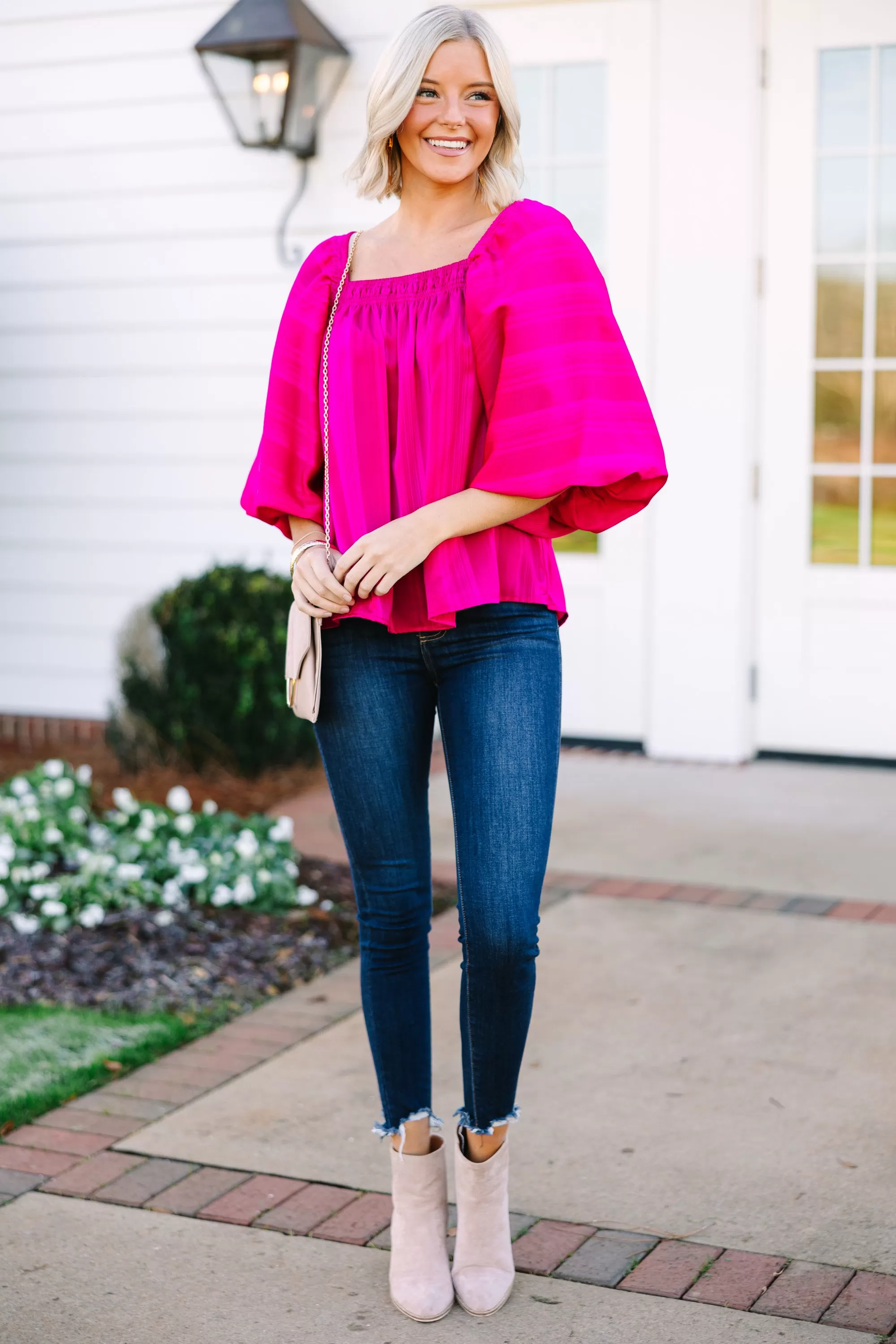 All For Love Magenta Pink Satin Striped Blouse