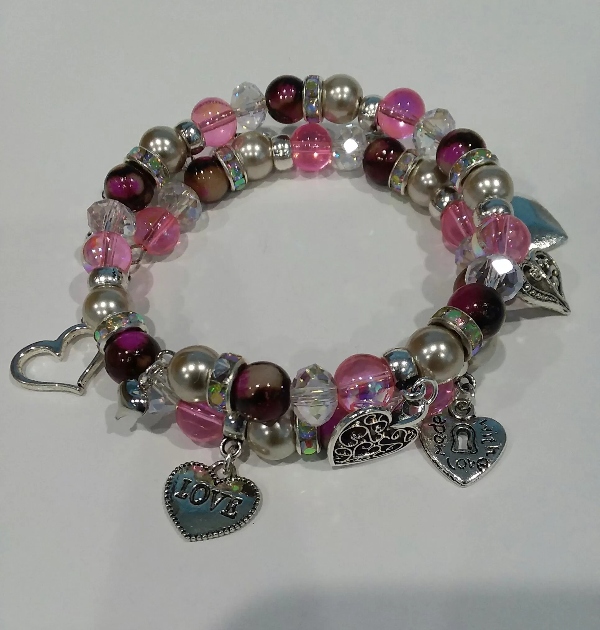 AVBeads Jewelry Memory Wire 2-Layer Heart Valentines Day Multi-Color 3 x 3 inches Zinc Alloy Metal Glass Charm Bracelet