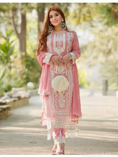 Baby Pink Embroidery Lace Readymade Suit