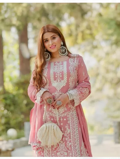 Baby Pink Embroidery Lace Readymade Suit