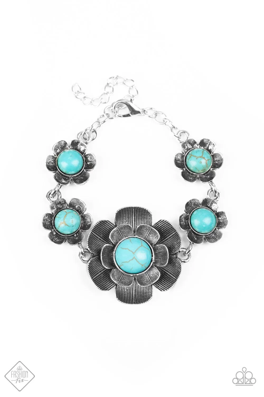 Badlands Blossom Turquoise Blue Stone and Silver Flower Bracelet - Paparazzi Accessories