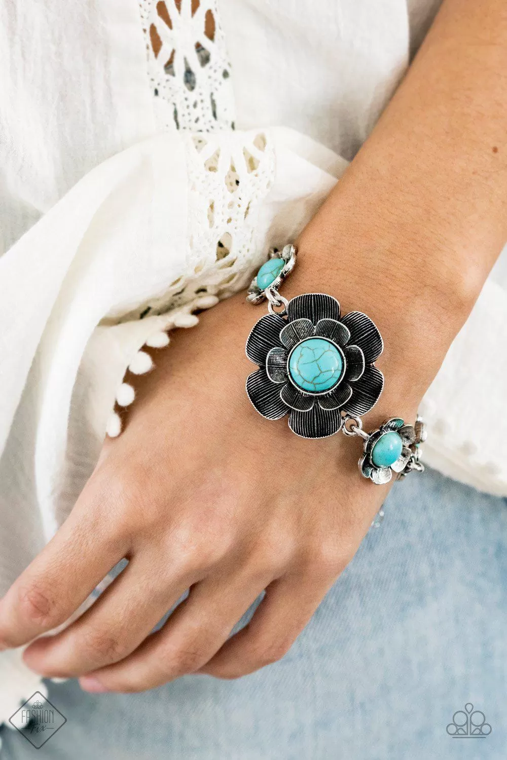 Badlands Blossom Turquoise Blue Stone and Silver Flower Bracelet - Paparazzi Accessories