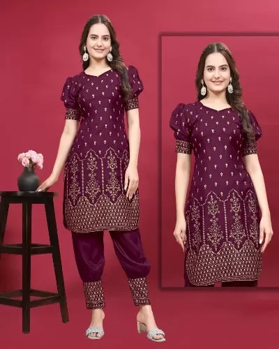 Beautiful Foil Print Rayon Kurti With Balloon Pant Set Of 2