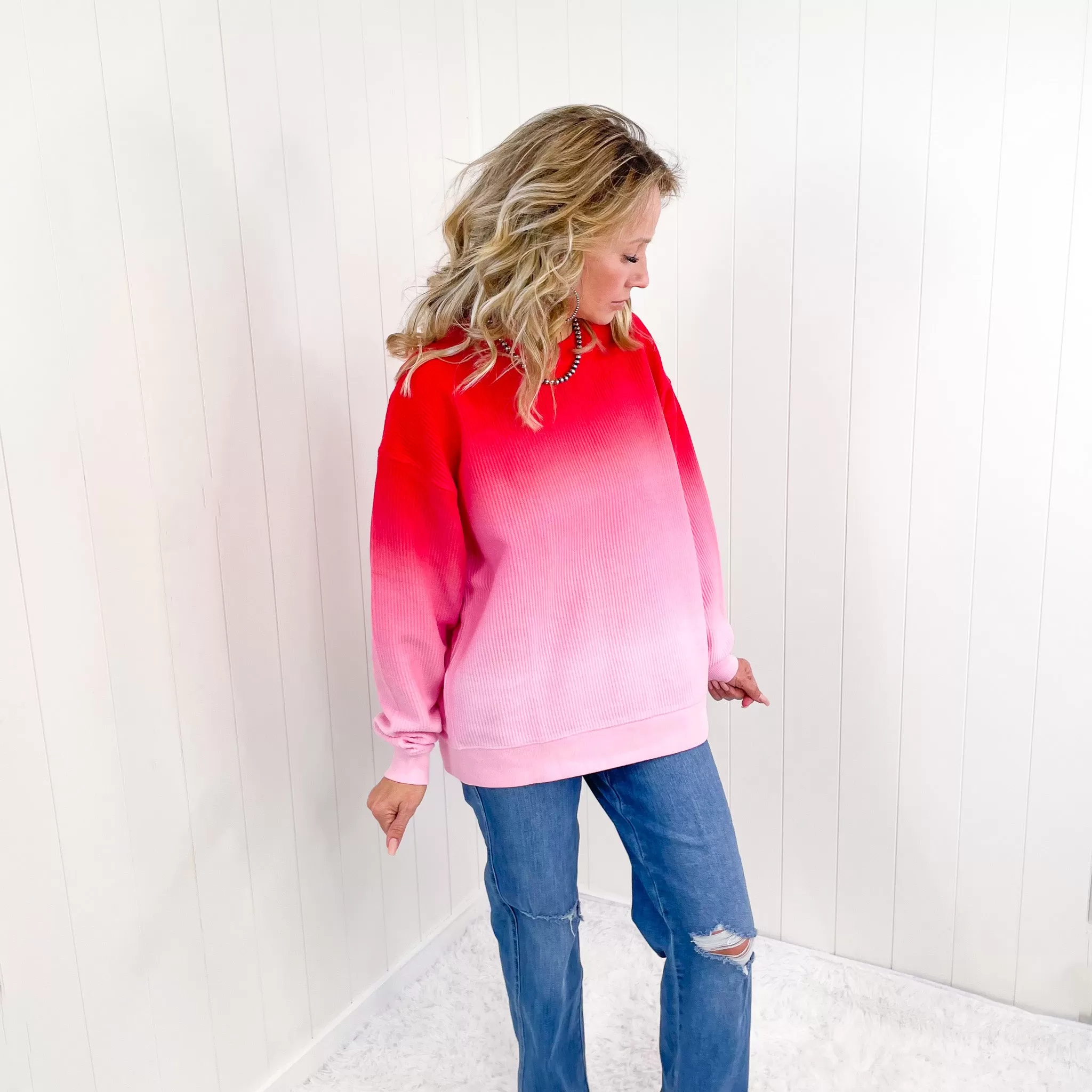 Berry Blast Ombre Oversized Luxe Soft Corded Crewneck Pullover