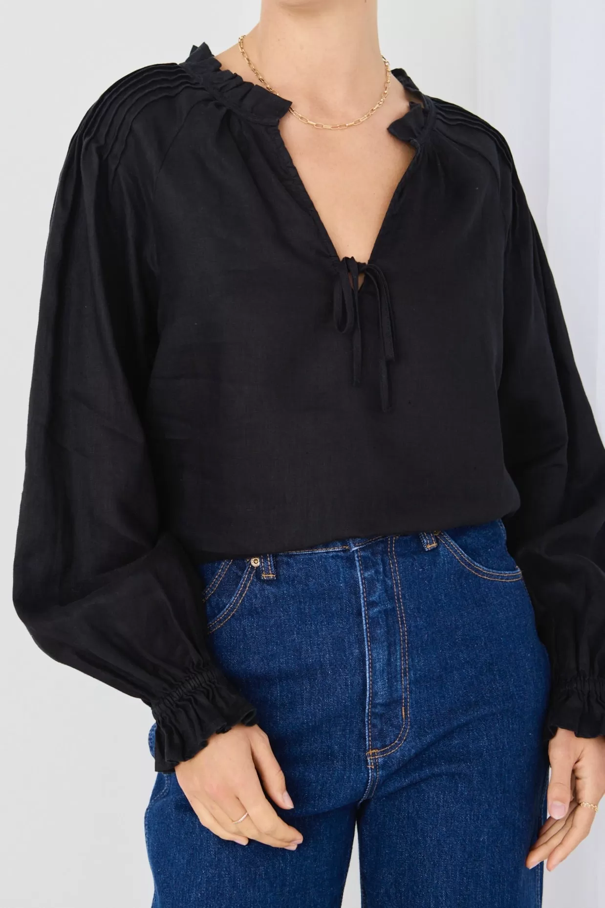 Birch Black Linen Pintuck Shoulder Tie Neck Top