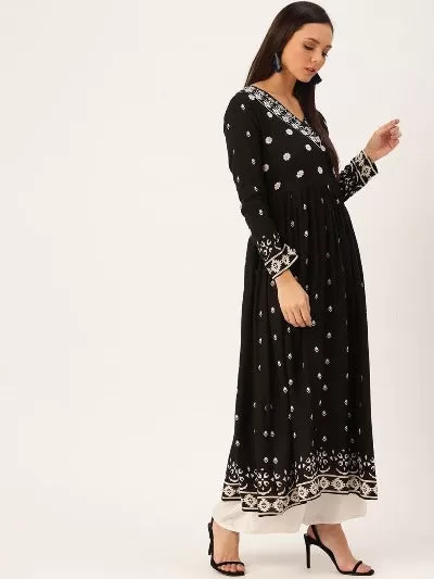 Black Embroidered Pure Rayon Kurti Palazzo Set Of 2