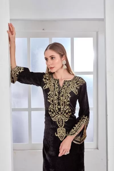 Black Heavy Embroidered Velvet Full Sleeves Kurti Pant Set